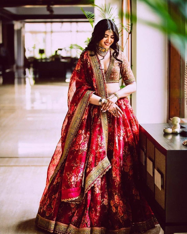 Maroon Color Khadi Organza Floral Digital Print Lehenga Choli