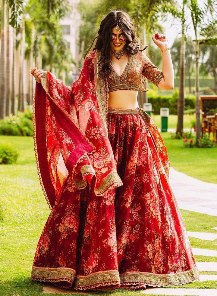 Maroon Color Khadi Organza Floral Digital Print Lehenga Choli