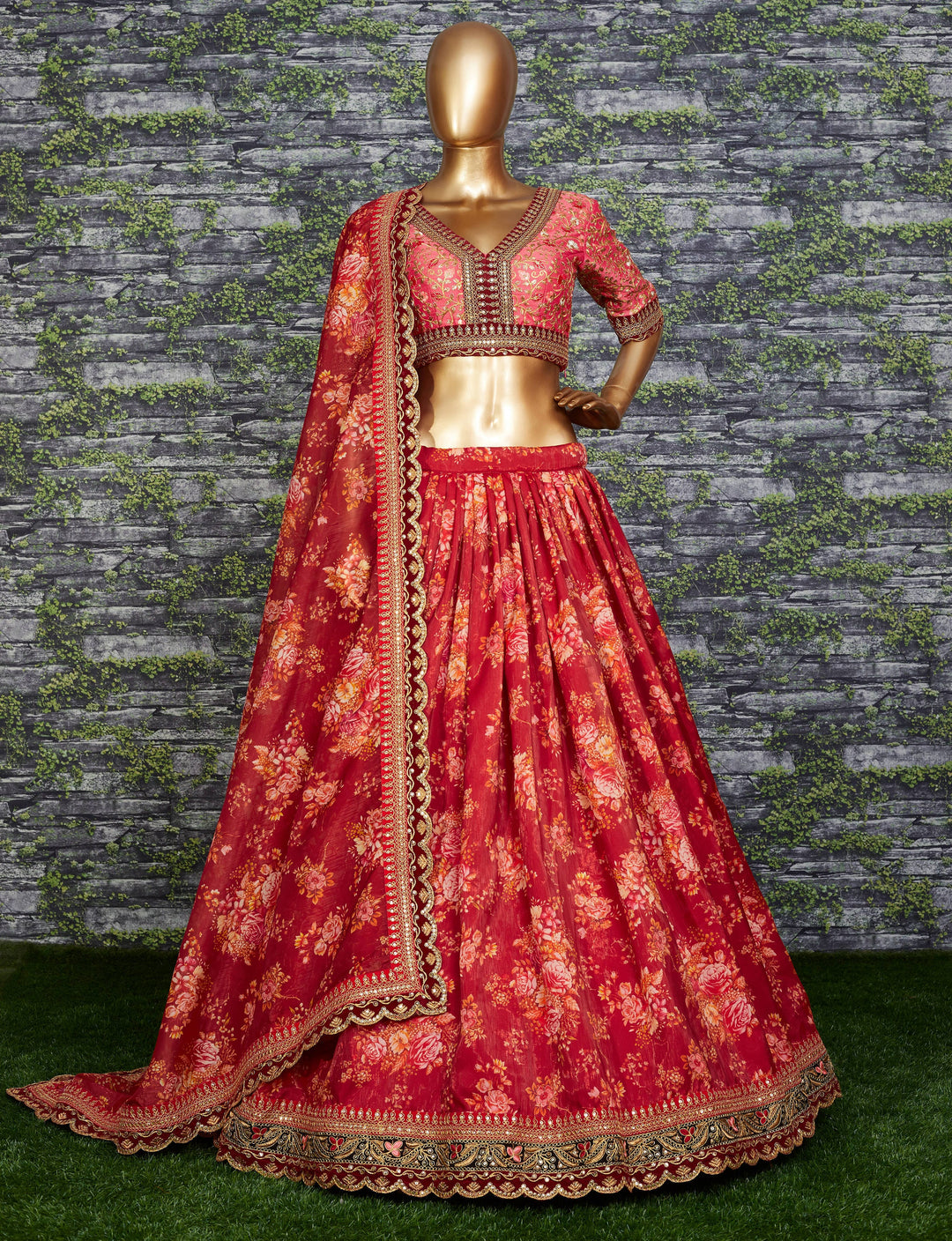 Maroon Color Khadi Organza Floral Digital Print Lehenga Choli