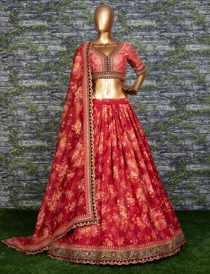 Maroon Color Khadi Organza Floral Digital Print Lehenga Choli