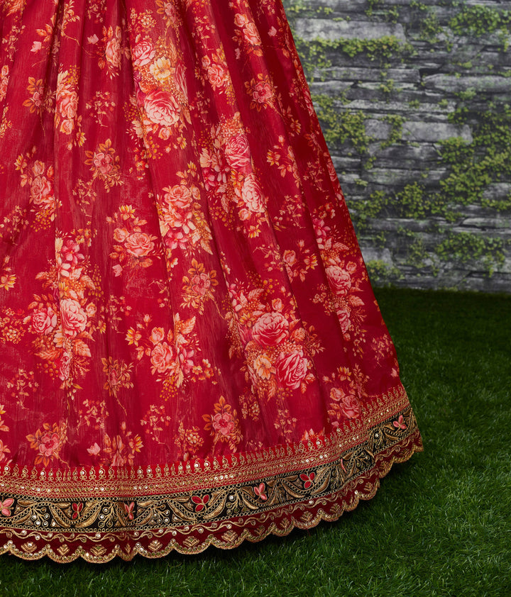 Maroon Color Khadi Organza Floral Digital Print Lehenga Choli