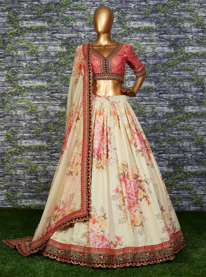 Cream Color Khadi Organza Floral Digital Print Lehenga Choli
