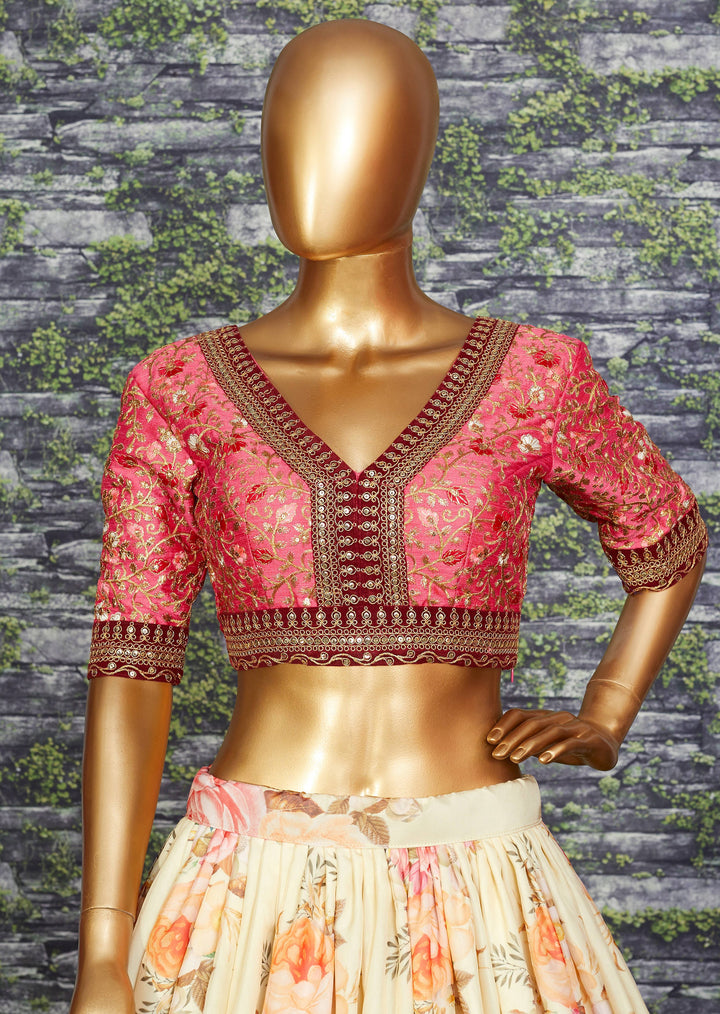 Cream Color Khadi Organza Floral Digital Print Lehenga Choli