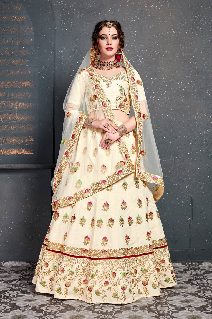 Cream Color Slub Silk Sequins Embroidery with diamond work Lehenga Choli