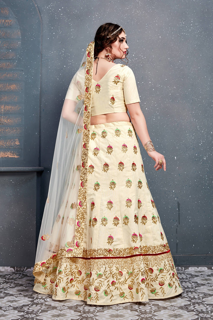 Cream Color Slub Silk Sequins Embroidery with diamond work Lehenga Choli