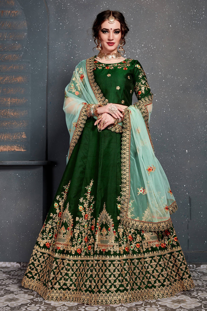 Green Color Taffeta Satin Silk Zari and Thread Embroidery with diamond work Lehenga Choli