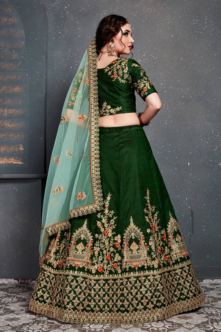 Green Color Taffeta Satin Silk Zari and Thread Embroidery with diamond work Lehenga Choli