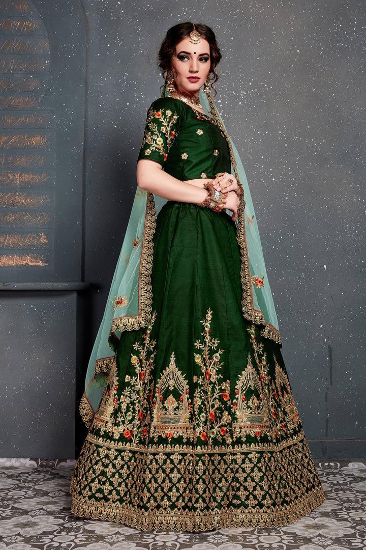 Green Color Taffeta Satin Silk Zari and Thread Embroidery with diamond work Lehenga Choli