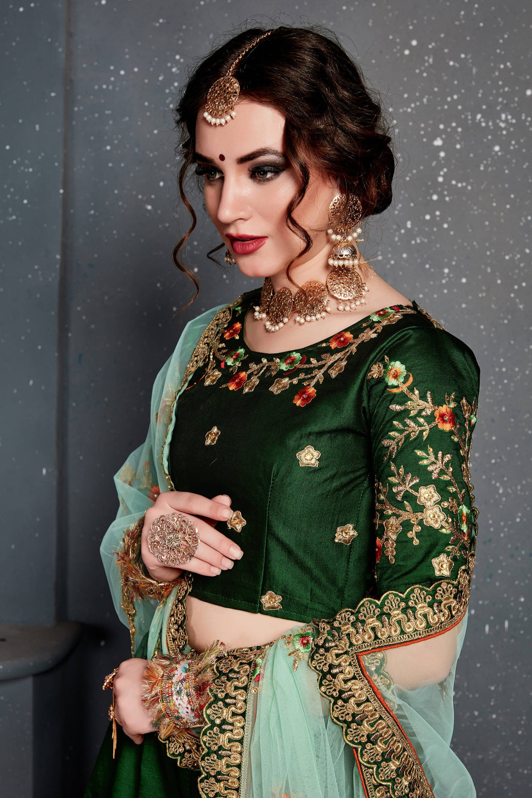 Green Color Taffeta Satin Silk Zari and Thread Embroidery with diamond work Lehenga Choli