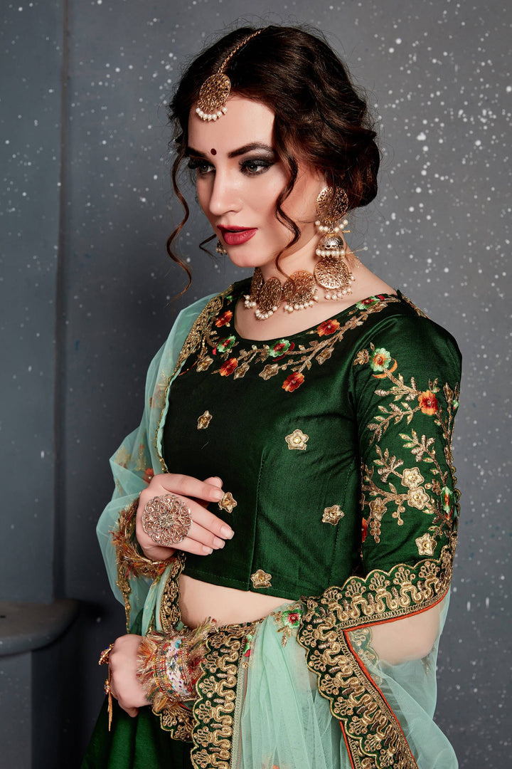 Green Color Taffeta Satin Silk Zari and Thread Embroidery with diamond work Lehenga Choli