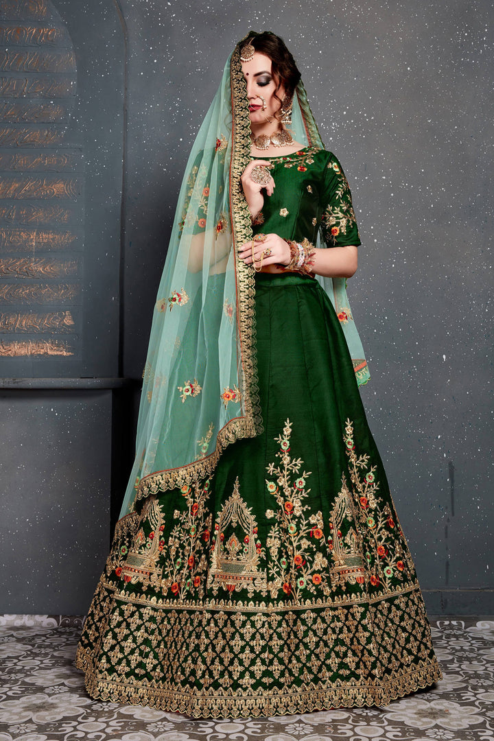 Green Color Taffeta Satin Silk Zari and Thread Embroidery with diamond work Lehenga Choli