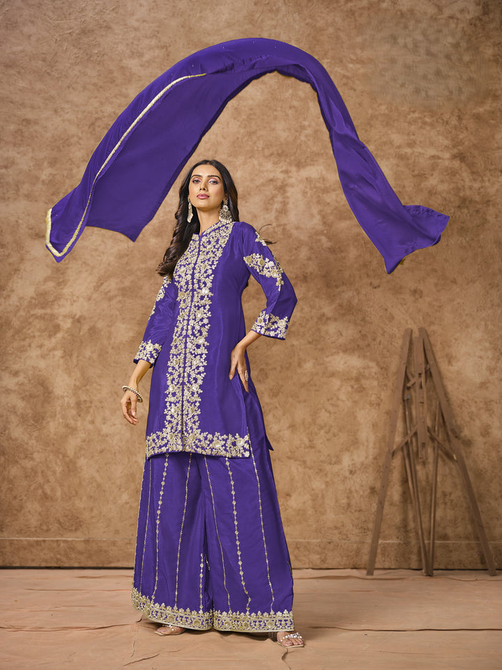 Purple Color Chinnon With Embroidery And Sequins Work Top And Plazo