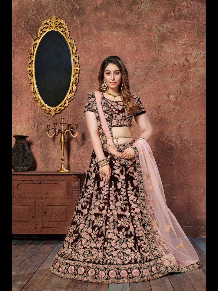 Maroon color Velvet With Dori and Sequins Work Lehenga Choli