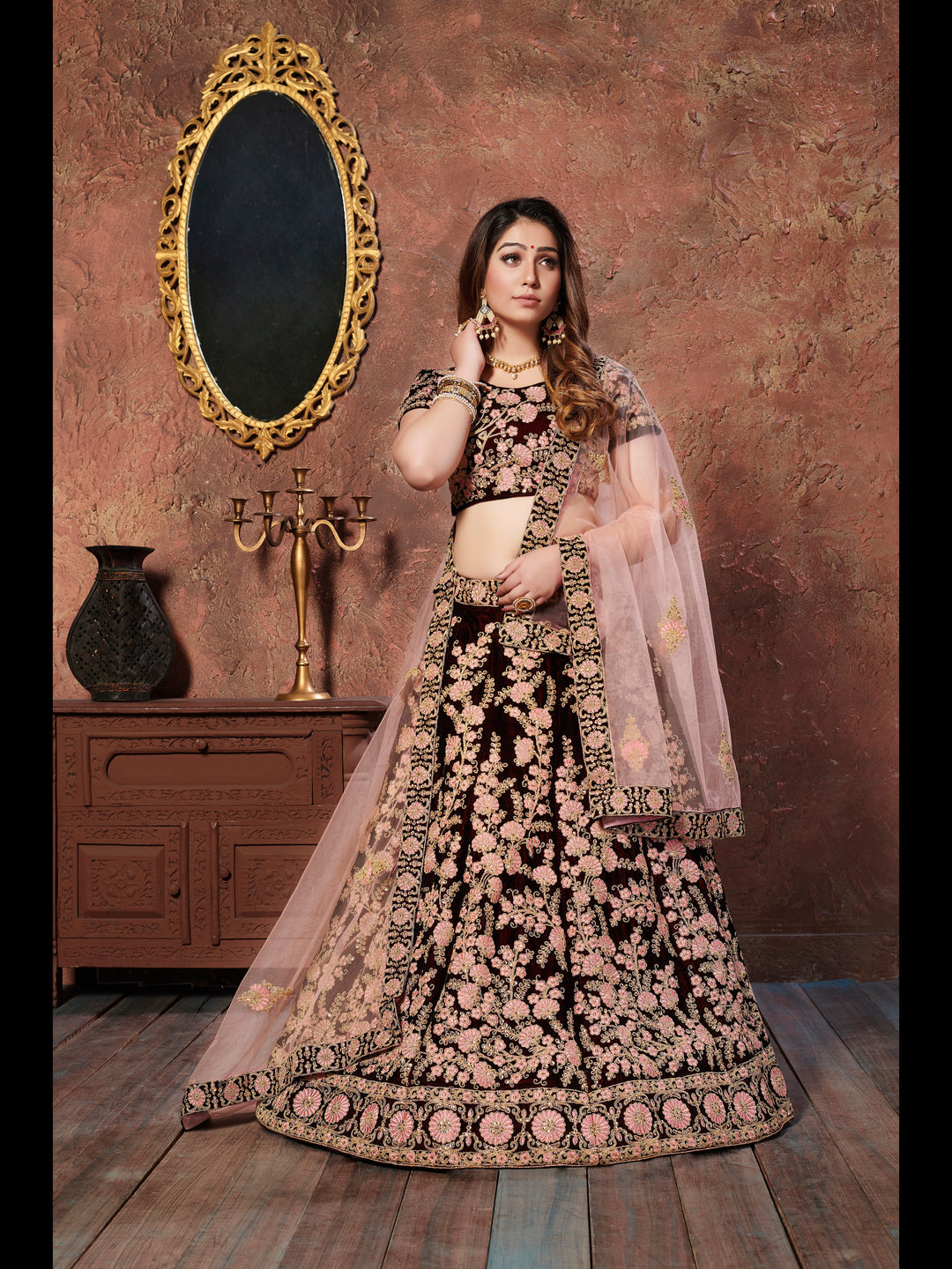 Maroon color Velvet With Dori and Sequins Work Lehenga Choli