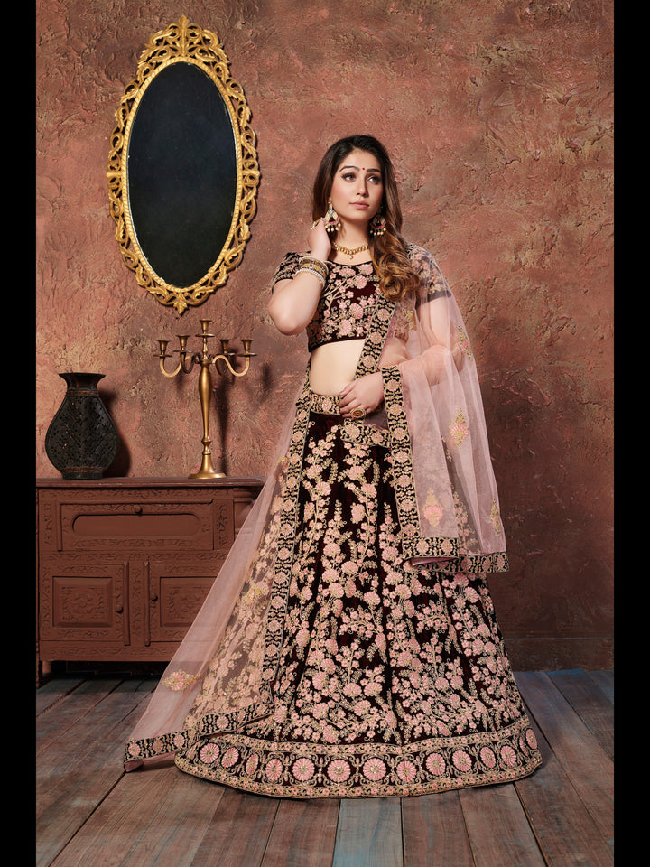 Maroon color Velvet With Dori and Sequins Work Lehenga Choli