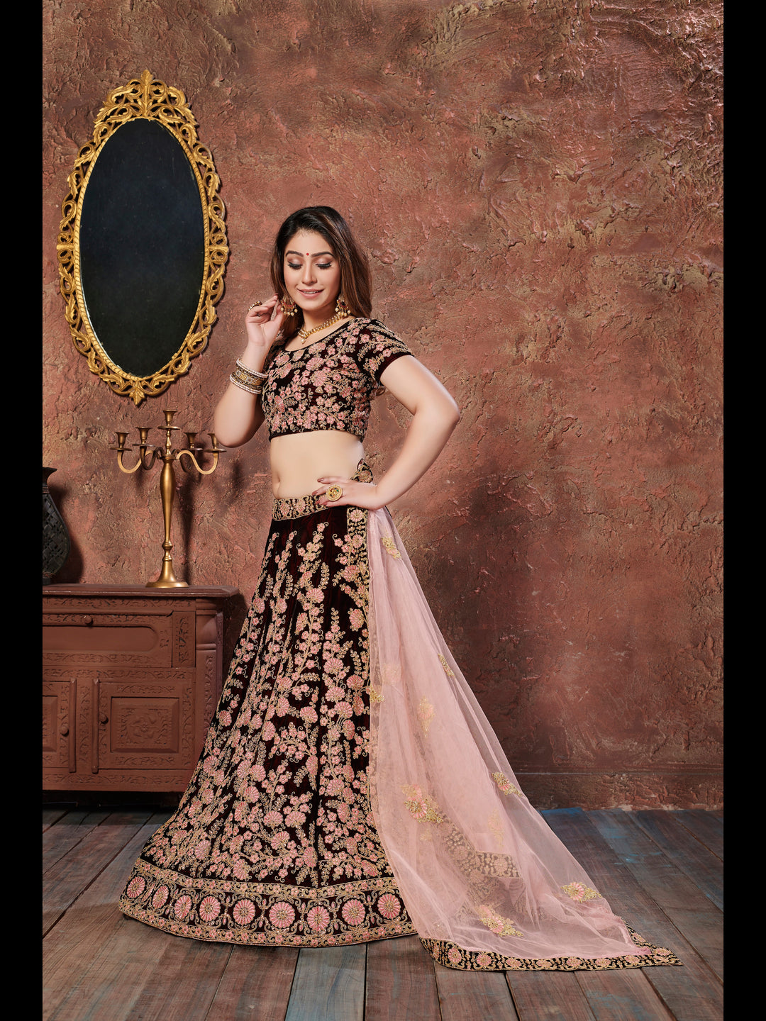 Maroon color Velvet With Dori and Sequins Work Lehenga Choli