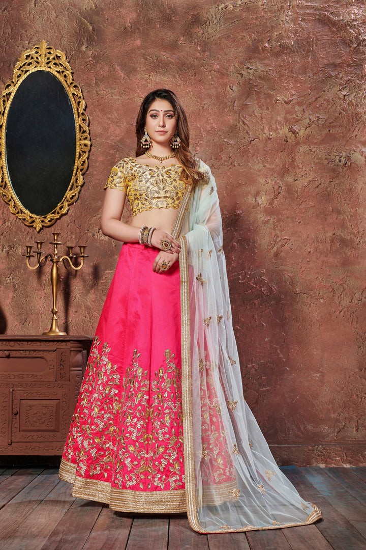 Yellow Color Mulberry Silk Thread & Sequins Embroidery Lehenga Choli