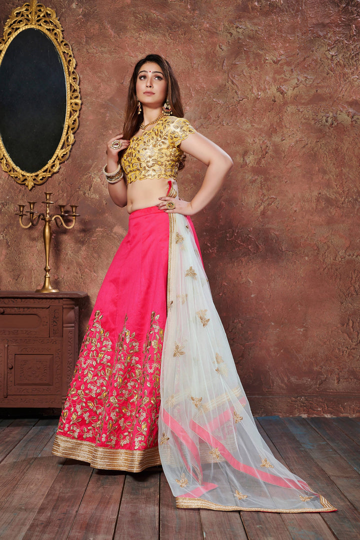 Yellow Color Mulberry Silk Thread & Sequins Embroidery Lehenga Choli