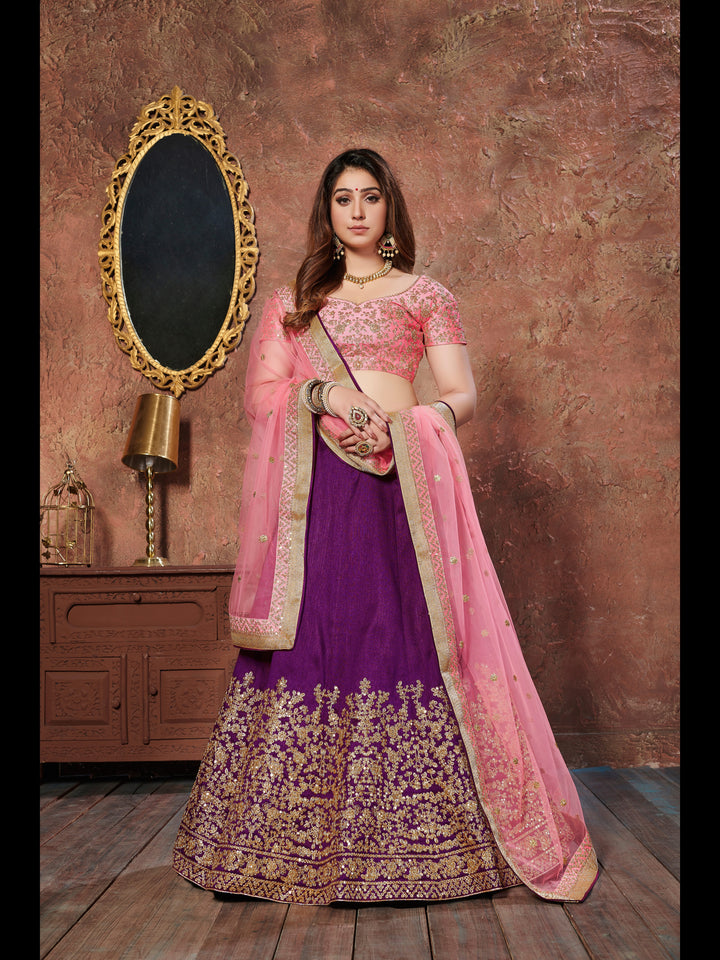 Purple Color Mulberry Silk Zari, Sequins and Embroidery Work Lehenga Choli