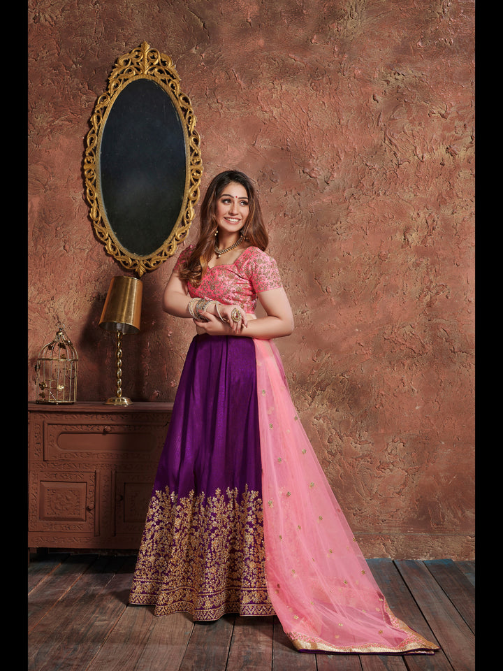 Purple Color Mulberry Silk Zari, Sequins and Embroidery Work Lehenga Choli