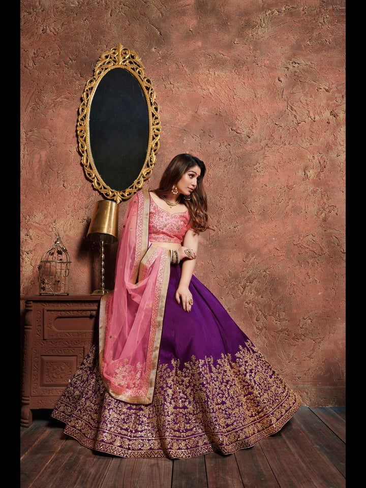 Purple Color Mulberry Silk Zari, Sequins and Embroidery Work Lehenga Choli