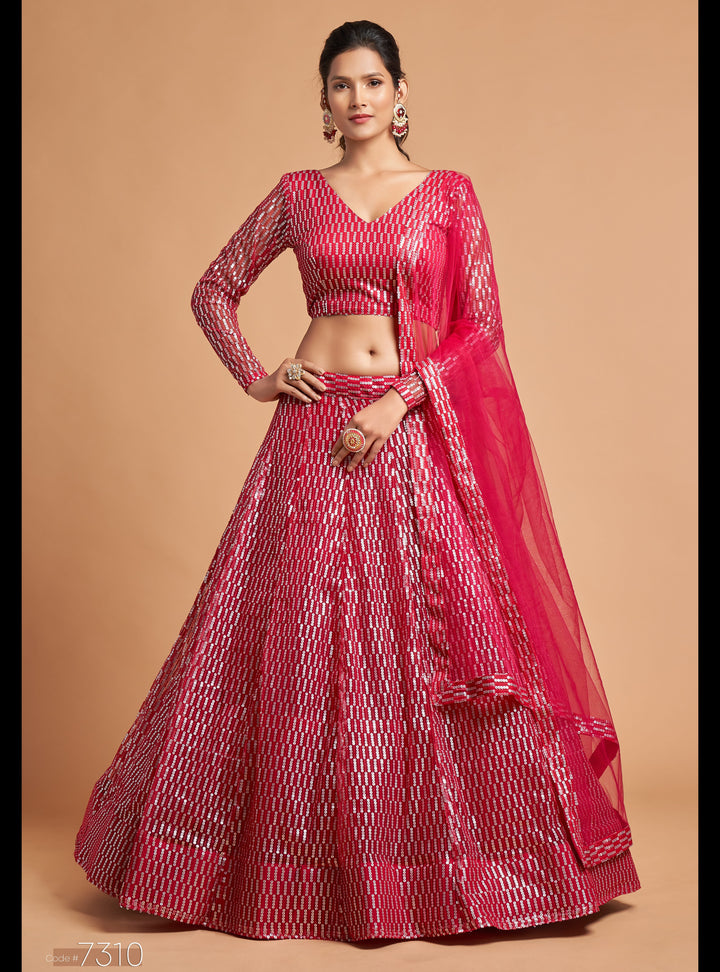 Hot-Pink Color Soft Net With Thread And Multiple Sequins Embroidery Work Lehenga Choli