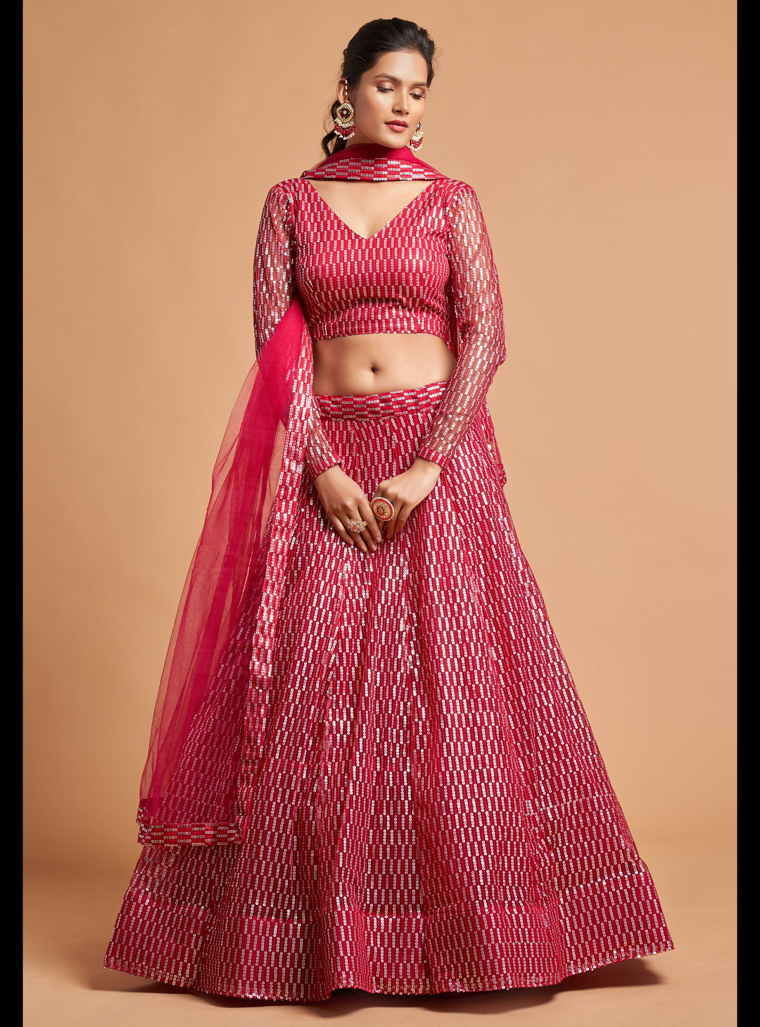 Hot-Pink Color Soft Net With Thread And Multiple Sequins Embroidery Work Lehenga Choli