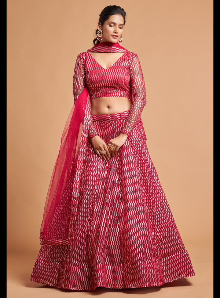 Hot-Pink Color Soft Net With Thread And Multiple Sequins Embroidery Work Lehenga Choli