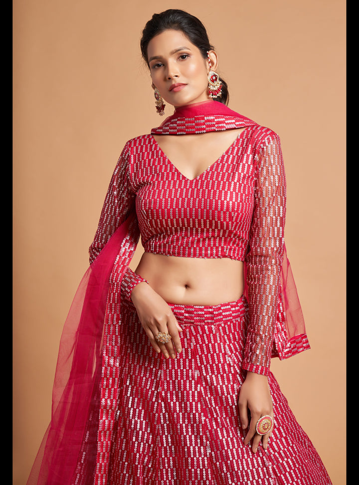 Hot-Pink Color Soft Net With Thread And Multiple Sequins Embroidery Work Lehenga Choli