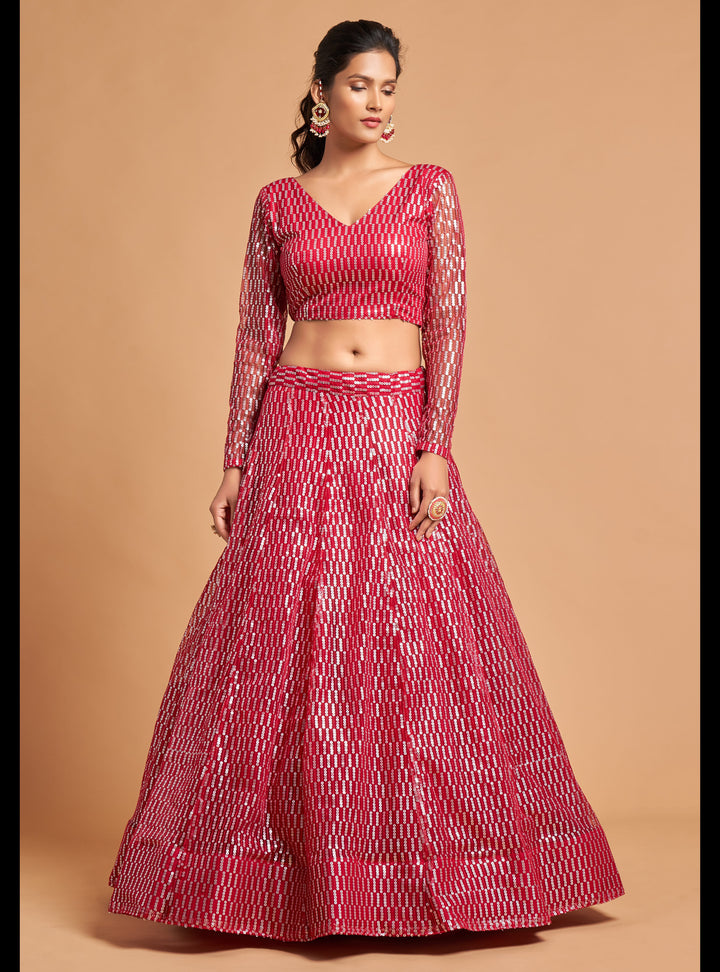 Hot-Pink Color Soft Net With Thread And Multiple Sequins Embroidery Work Lehenga Choli