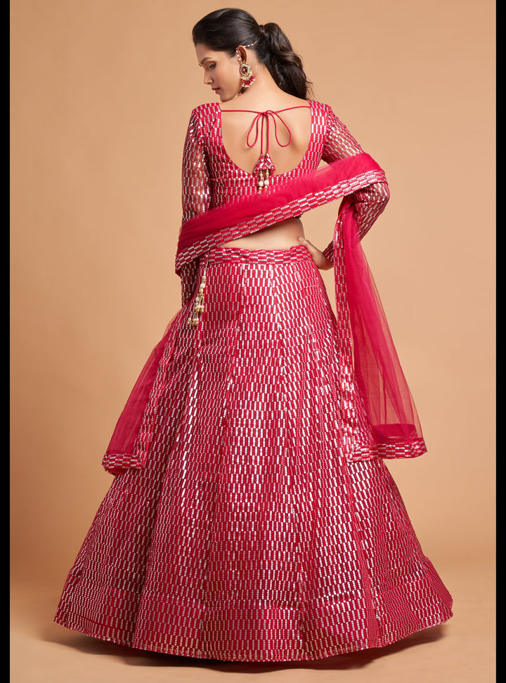 Hot-Pink Color Soft Net With Thread And Multiple Sequins Embroidery Work Lehenga Choli