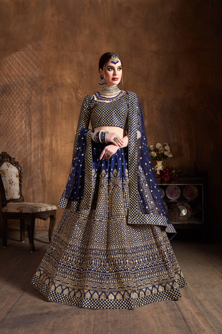 Navy Blue Color raw silk & Gold Jari with Glitter sequin embroidery Lehenga Choli