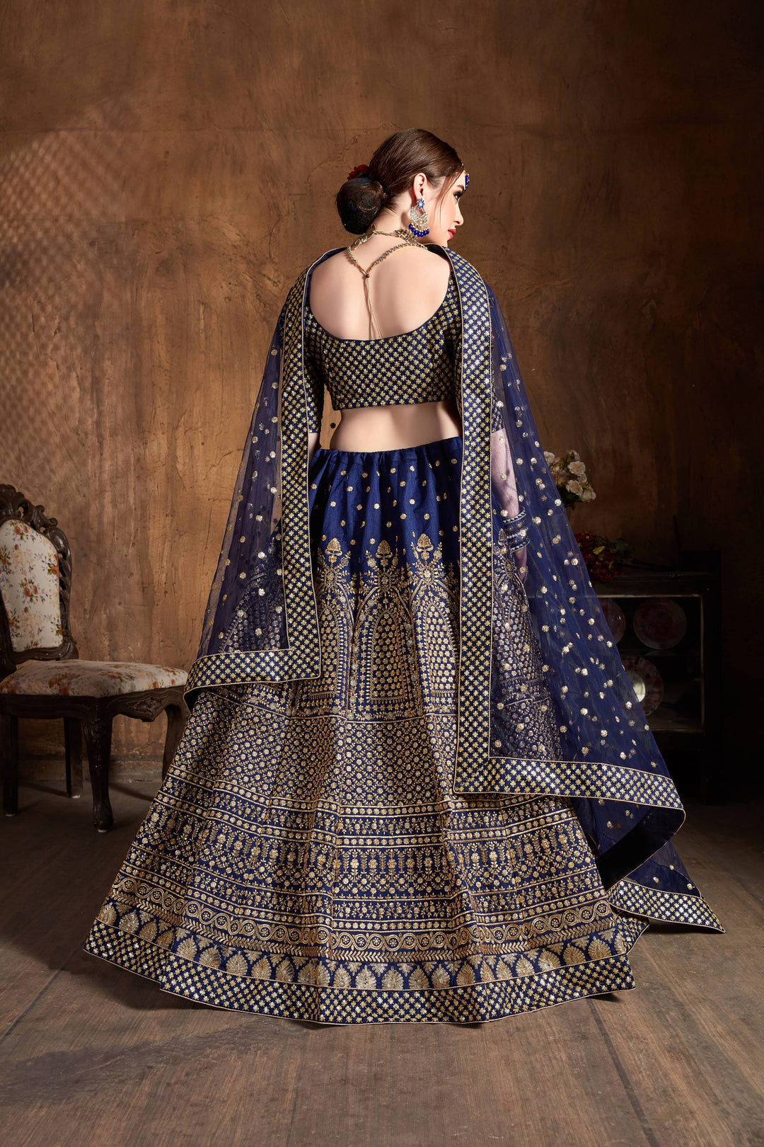 Navy Blue Color raw silk & Gold Jari with Glitter sequin embroidery Lehenga Choli