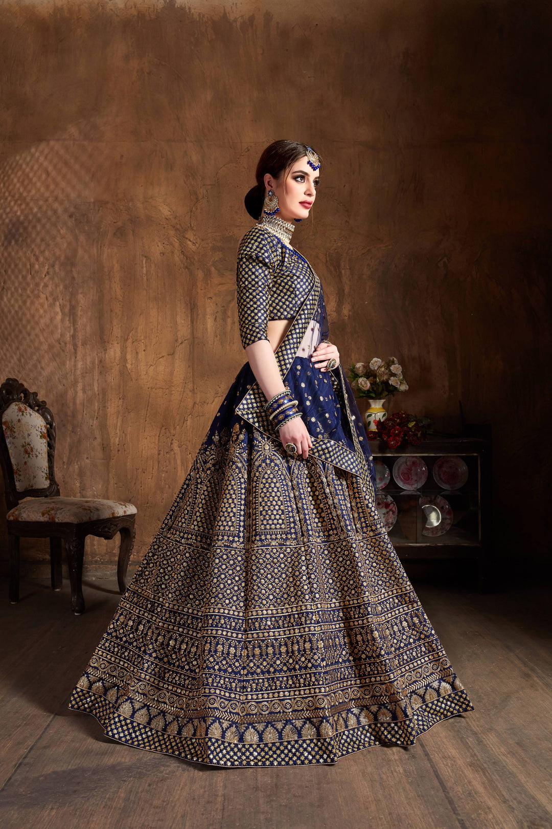 Navy Blue Color raw silk & Gold Jari with Glitter sequin embroidery Lehenga Choli