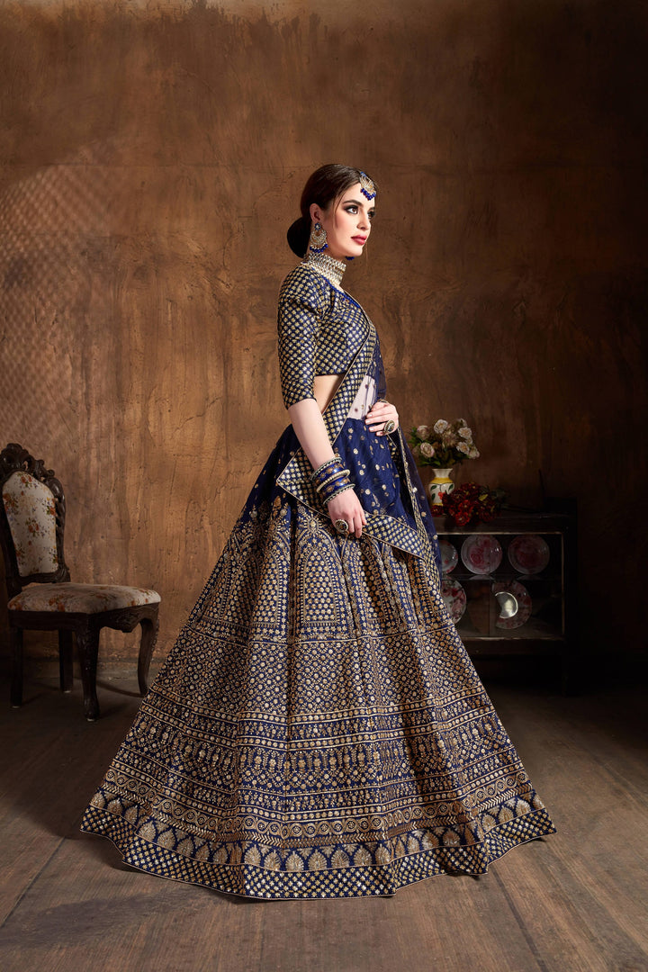 Navy Blue Color raw silk & Gold Jari with Glitter sequin embroidery Lehenga Choli