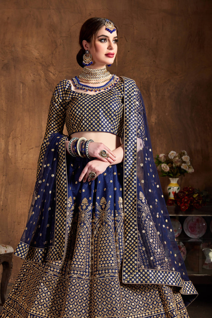 Navy Blue Color raw silk & Gold Jari with Glitter sequin embroidery Lehenga Choli