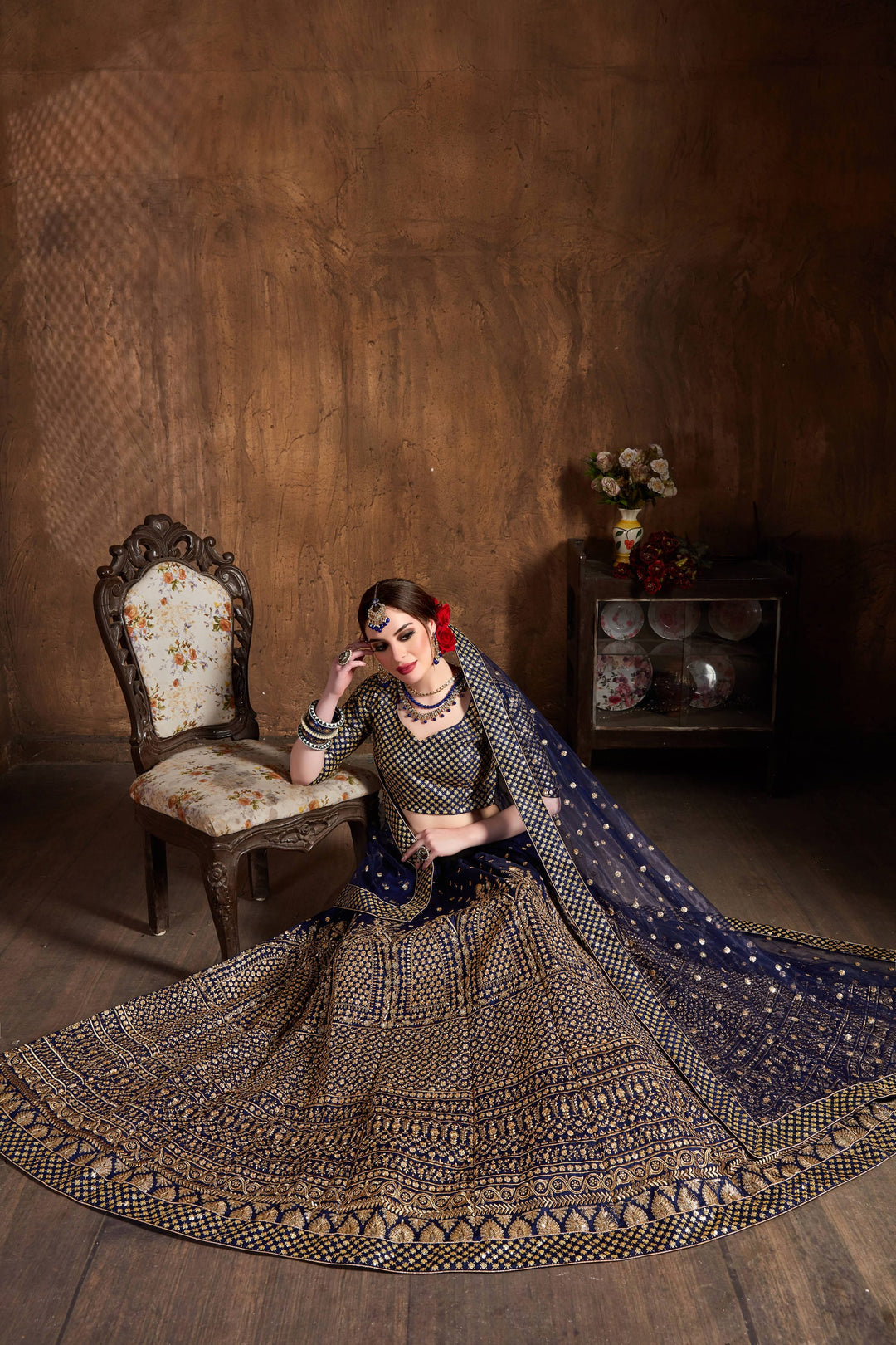Navy Blue Color raw silk & Gold Jari with Glitter sequin embroidery Lehenga Choli