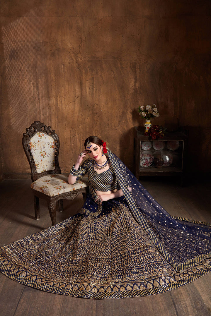 Navy Blue Color raw silk & Gold Jari with Glitter sequin embroidery Lehenga Choli