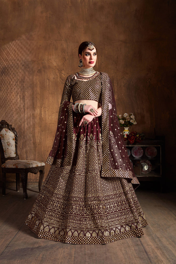 Maroon Color raw silk & Gold Jari with Glitter sequin embroidery Lehenga Choli