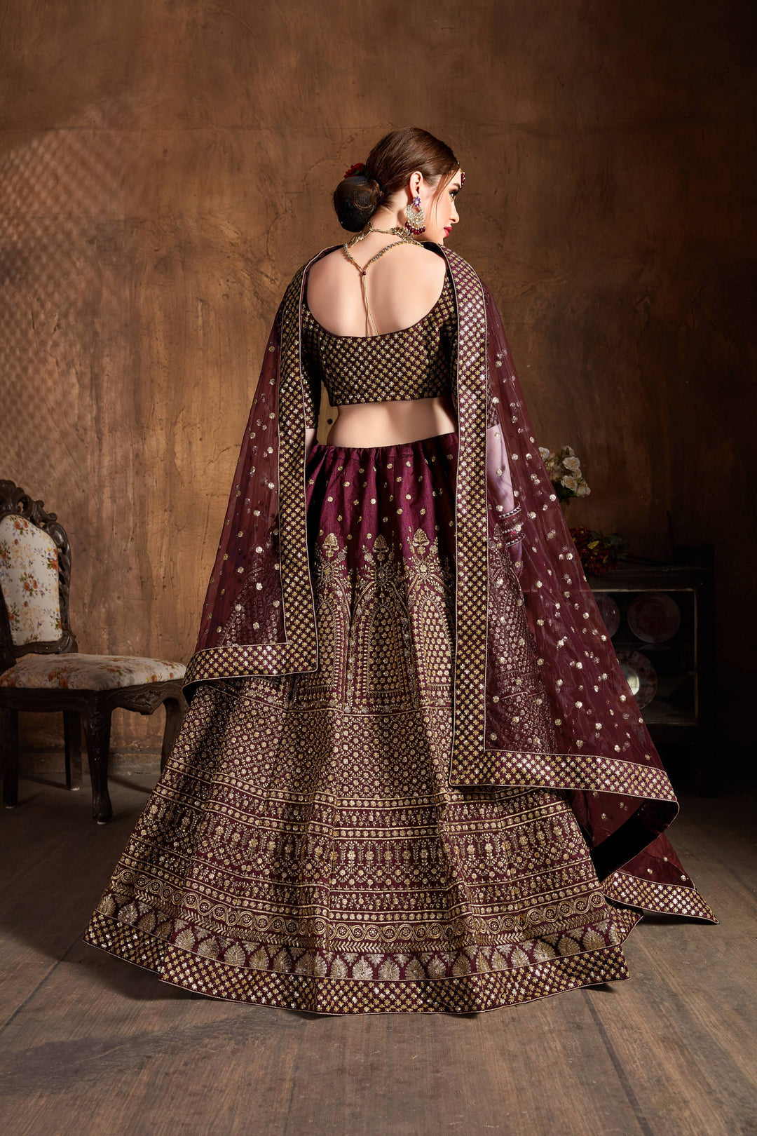 Maroon Color raw silk & Gold Jari with Glitter sequin embroidery Lehenga Choli