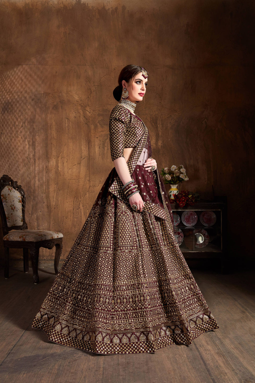Maroon Color raw silk & Gold Jari with Glitter sequin embroidery Lehenga Choli