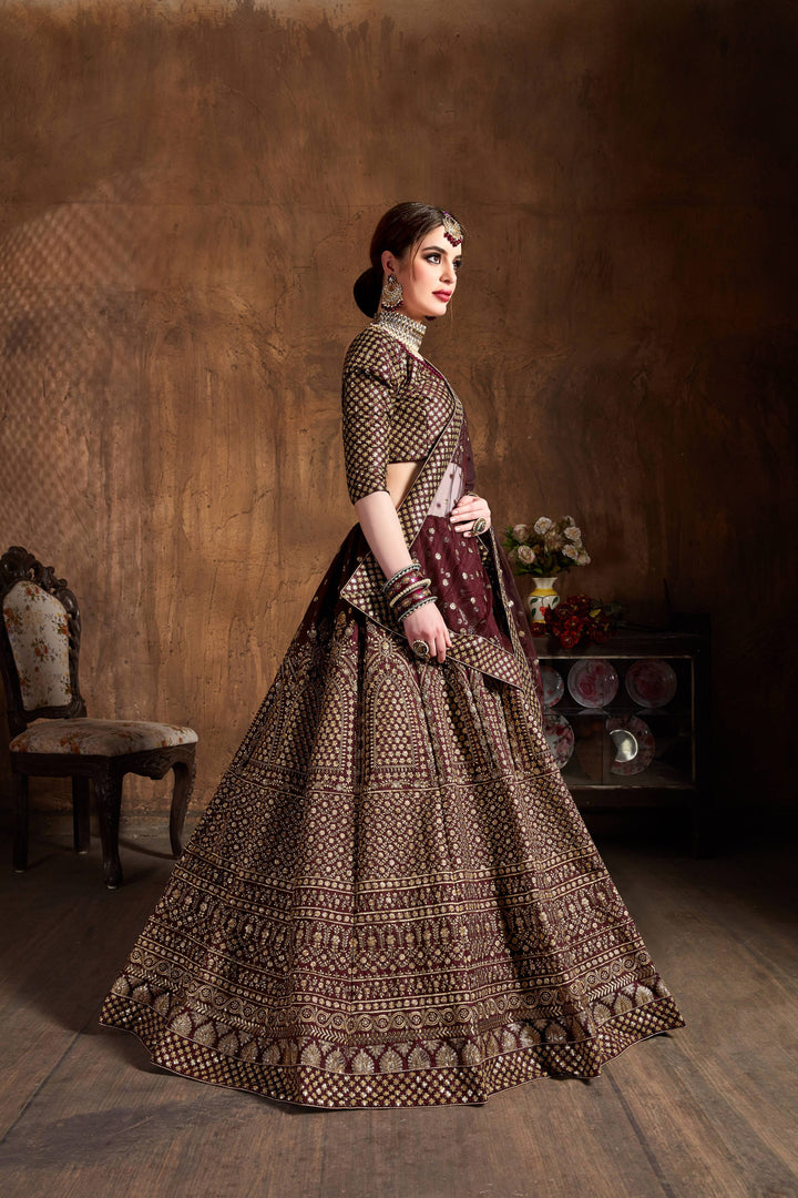 Maroon Color raw silk & Gold Jari with Glitter sequin embroidery Lehenga Choli