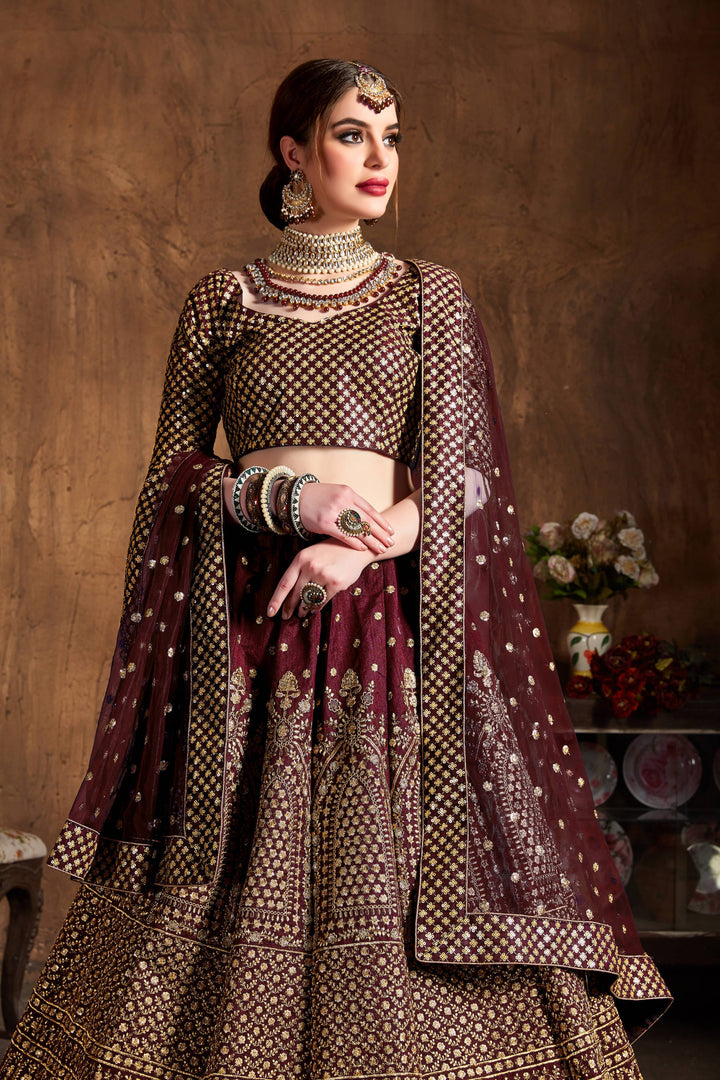 Maroon Color raw silk & Gold Jari with Glitter sequin embroidery Lehenga Choli