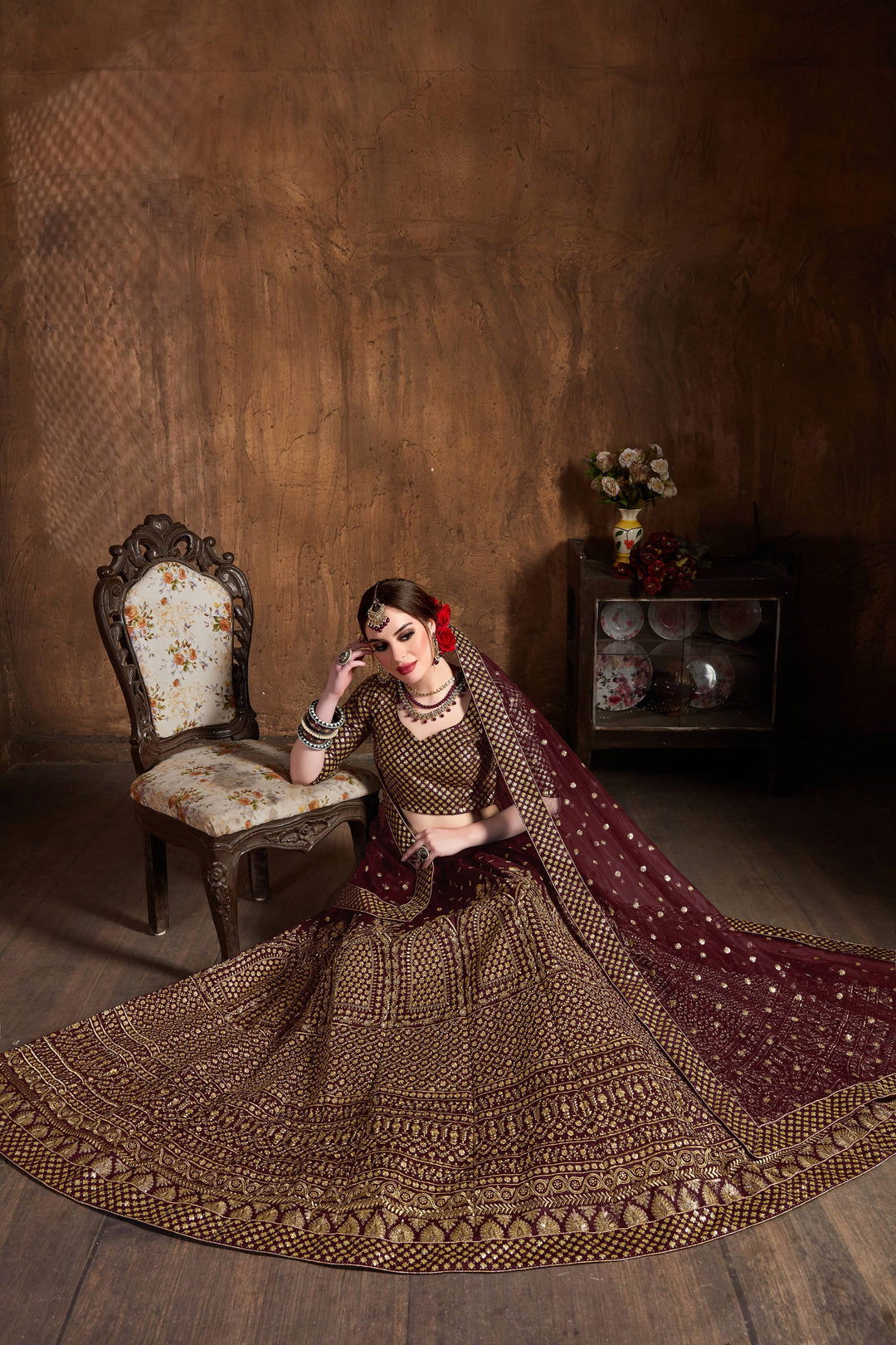 Maroon Color raw silk & Gold Jari with Glitter sequin embroidery Lehenga Choli