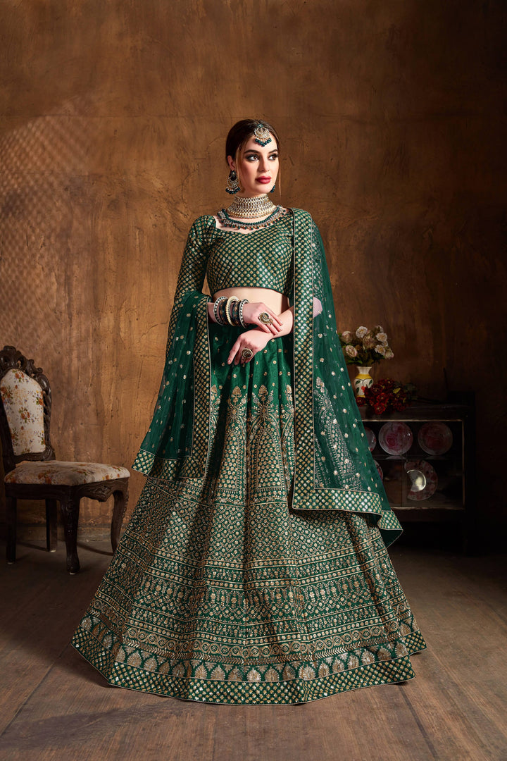 Green Color raw silk & Gold Jari with Glitter sequin embroidery Lehenga Choli