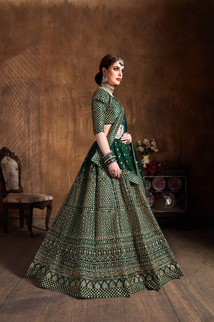 Green Color raw silk & Gold Jari with Glitter sequin embroidery Lehenga Choli