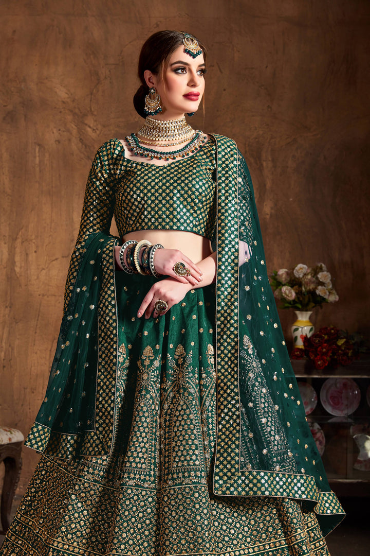 Green Color raw silk & Gold Jari with Glitter sequin embroidery Lehenga Choli