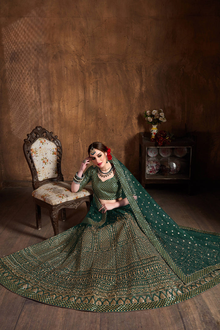 Green Color raw silk & Gold Jari with Glitter sequin embroidery Lehenga Choli