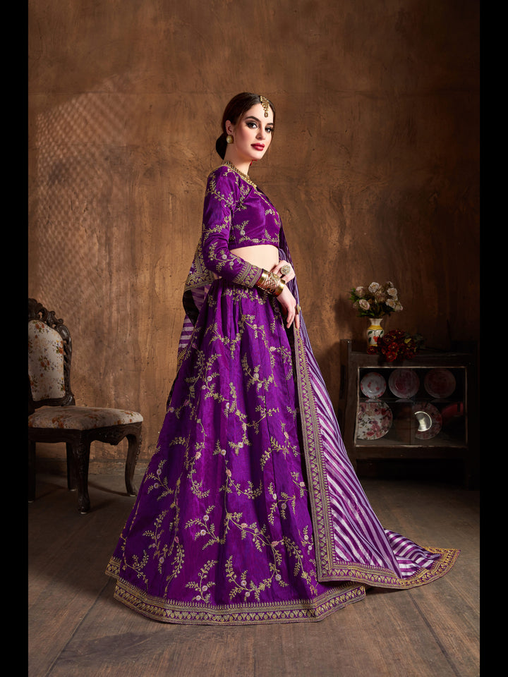 Purple color Mulberry Silk Zari, Sequins and Embroidery Work Lehenga Choli