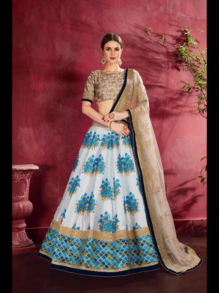 White-Blue Color Art Silk Embroidered And Sequins Lehenga Choli